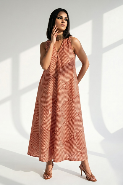 Crimson Grid Play Cotton Sleeveless Strap V-Neck Bias Dress