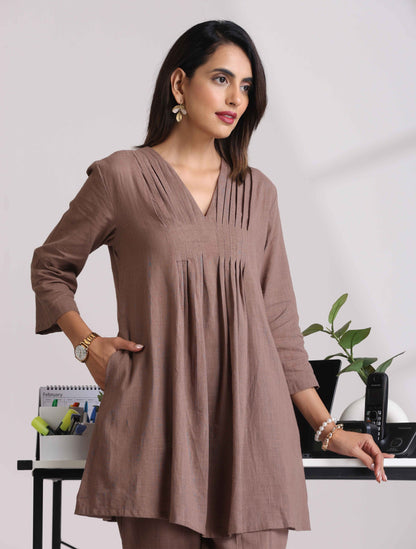 Cotton Linen Burnt Brown Pleated Co-Ord Set