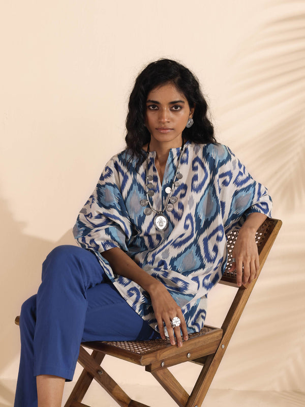 trueBrowns Blue Cotton Ikat Kaftan Co-ord Set