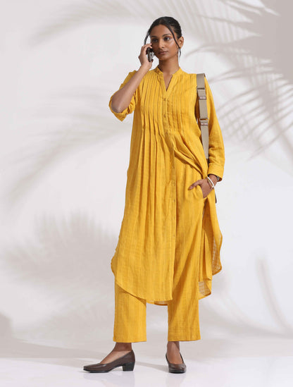 trueBrowns Yellow Cotton Pleated Shirt Kurta Set