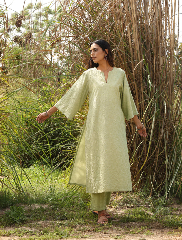 trueBrowns Green Cotton Embroidered Kurta Set
