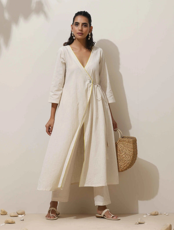 trueBrowns Off White Cotton Angrakha Kurta Pant Set