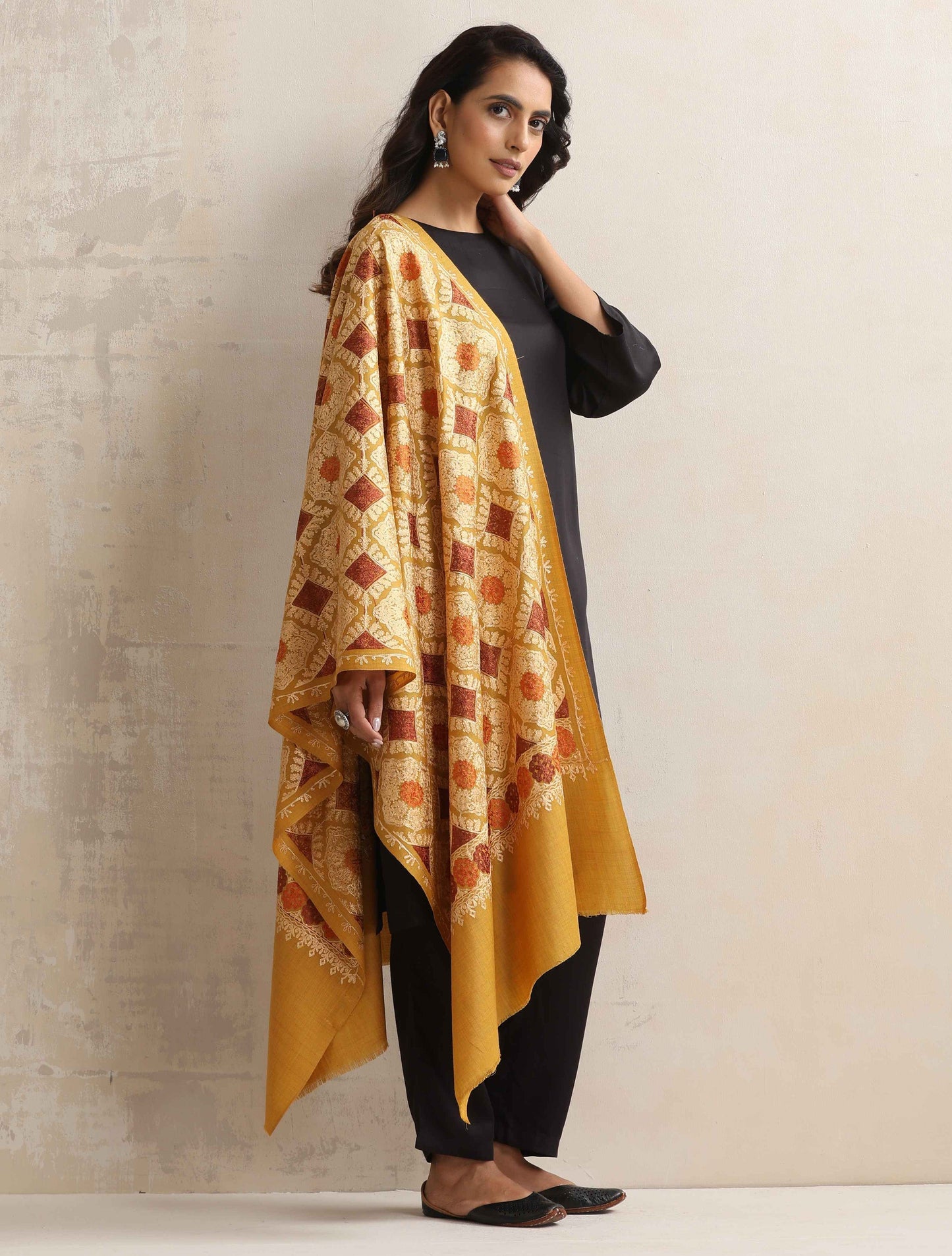 trueBrowns Mustard Embroidered Stole