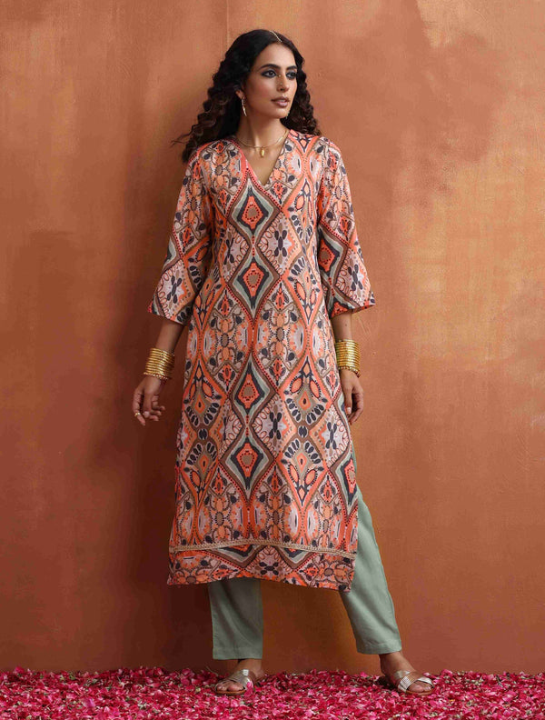 trueBrowns Beige Abstract Print Kurta Set