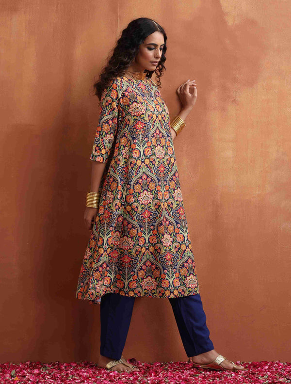 trueBrowns Blue Print A-line Kurta Set