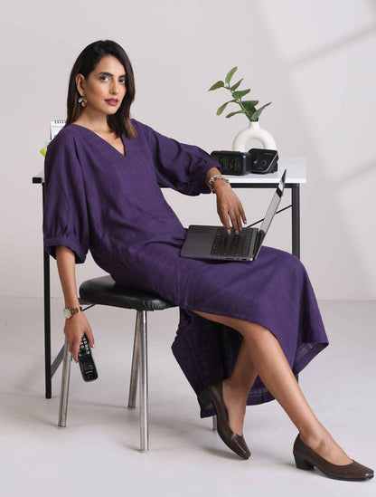 trueBrowns Purple Cotton Dobby Slit Dress LP