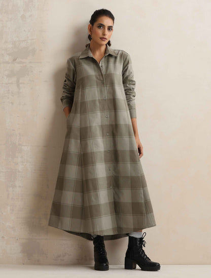 trueBrowns Green Check Flared Winter Dress