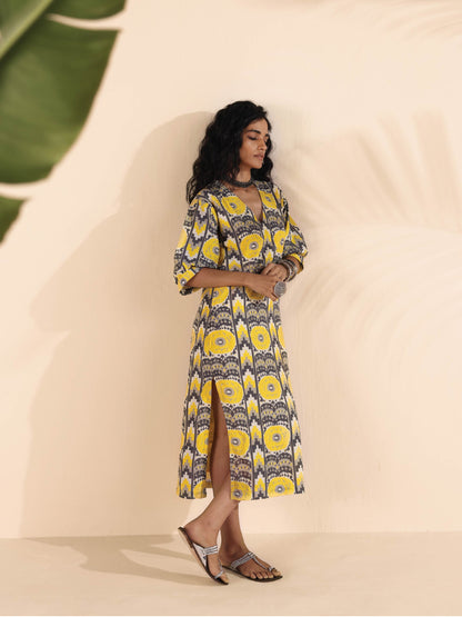 trueBrowns Yellow Cotton Ikat Slit Dress