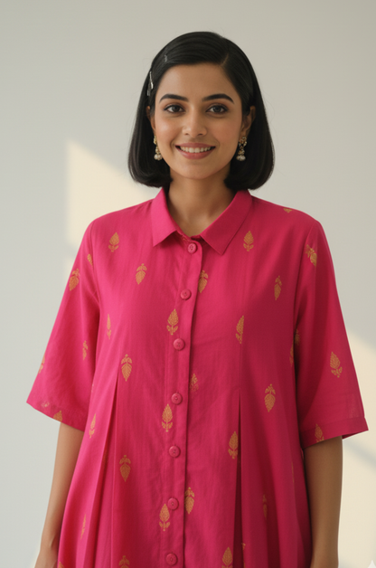 Maati  Sunlit Pink Cotton Box Pleat Button Down Shirt Dress