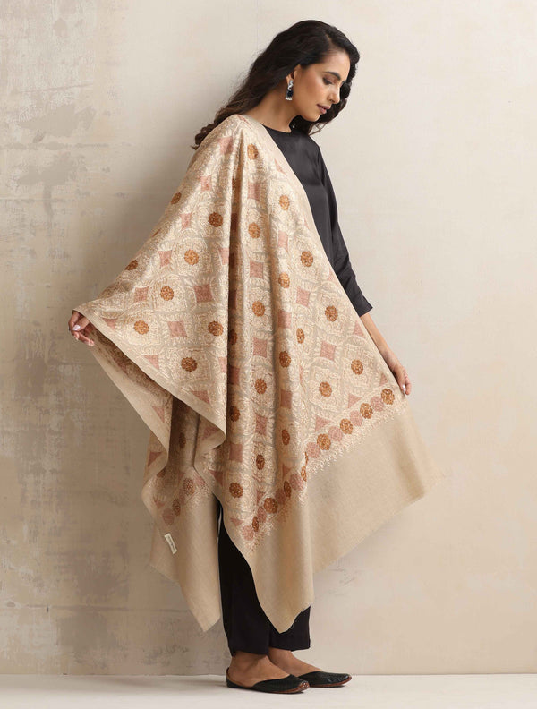 trueBrowns Beige Geometric Embroidered Woollen Stole
