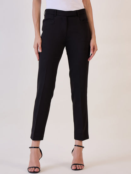 Slim Fit Mid Waist Stretch Pants- Black