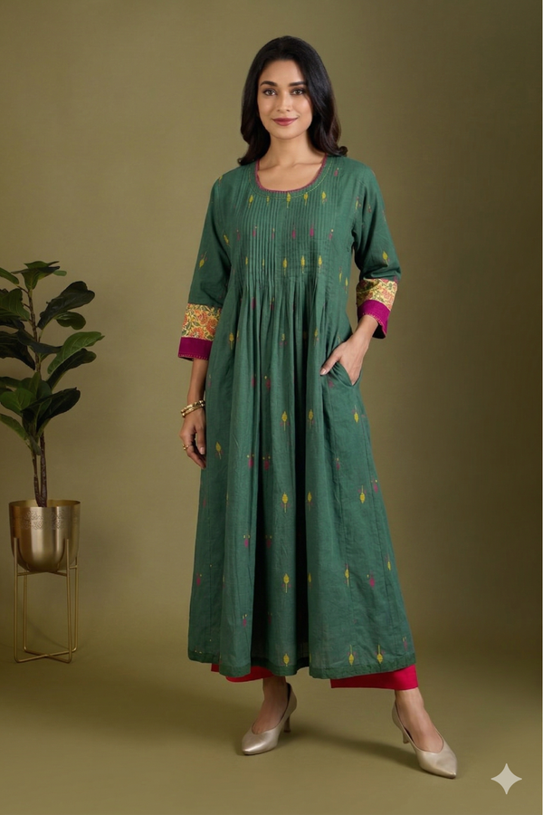 Green Cardamom Butti Pintuck Yoke & Sleeve Kalidar Kurta Mc