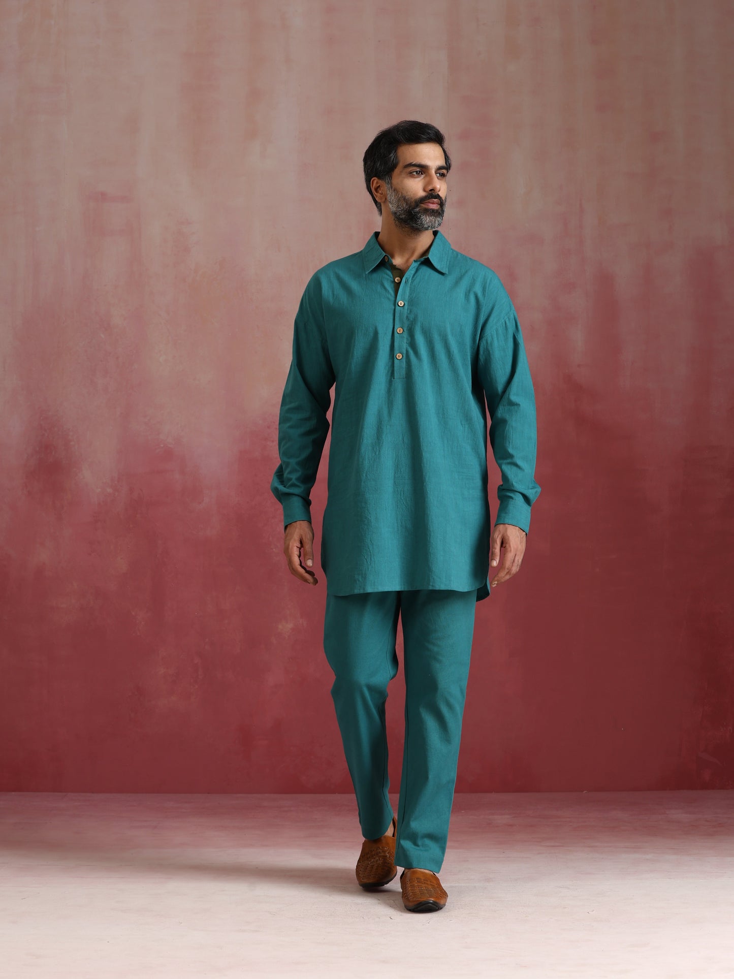 trueBrowns Men's Teal  Cotton Shirt Collar Stylized Kurta Co-ord set