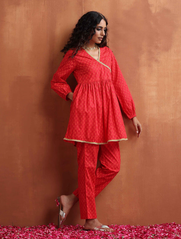 trueBrowns Red Print Angrakha Co-ord Set