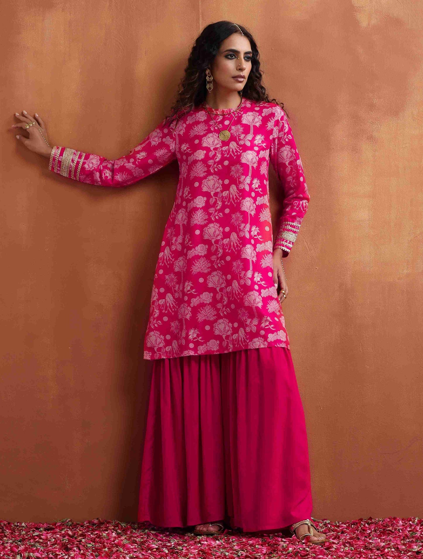 trueBrowns Red Print Sharara Set