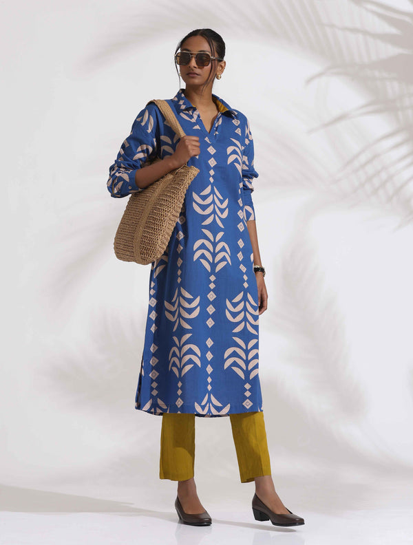 trueBrowns Blue Cotton Stripe Print Kurta Set