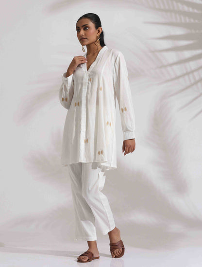 trueBrowns Off-White Cotton Embroidered A-line Co-ord Set