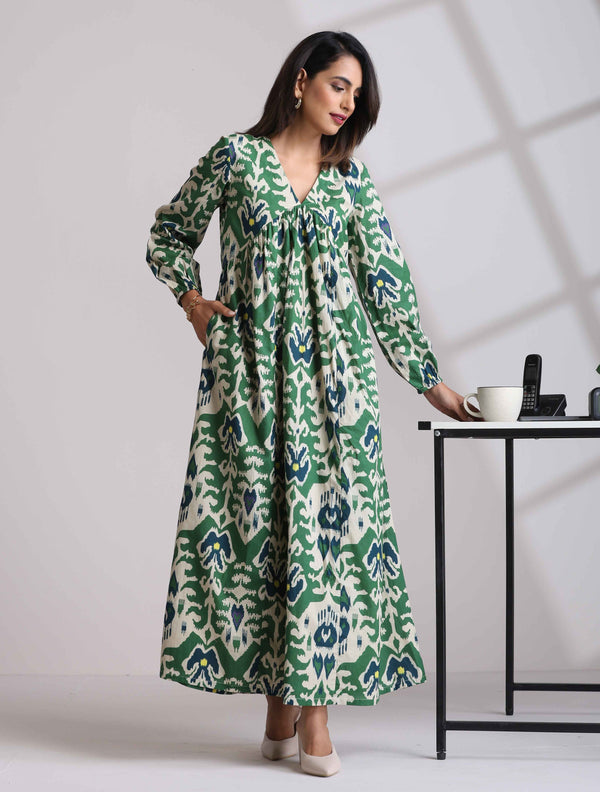 trueBrowns Green Cotton Ikat Flared Dress