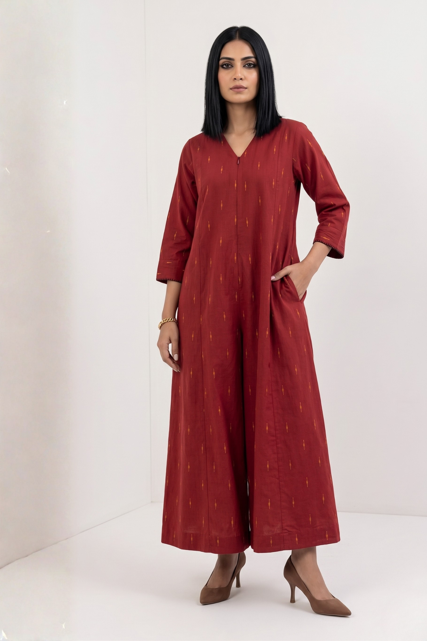 Sunlit Terracotta Cotton Front Zipper Cotton Jumpsuit With Pockets & Sleeves