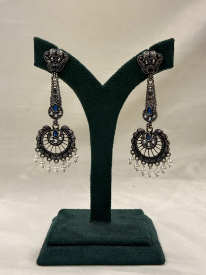 Oxidised Metal Circular Hanging Earrings with Blue Stone & White Beads