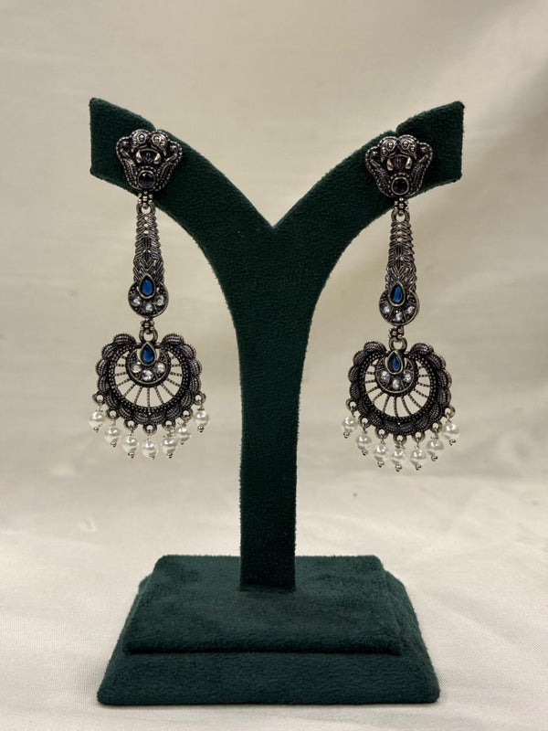 Oxidised Metal Circular Hanging Earrings with Blue Stone & White Beads