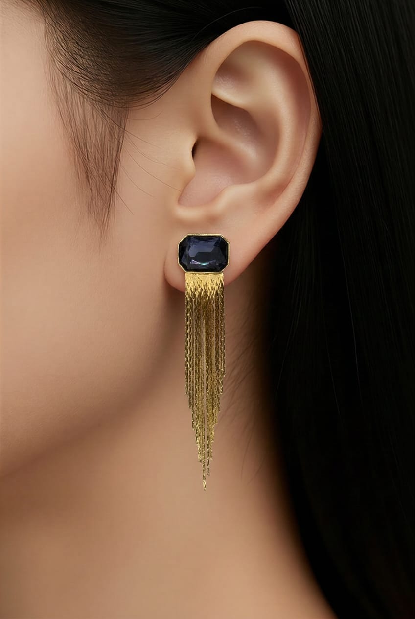 Black Stone & Gold Tassel Drop Earrings LP- 48Hr Delivery