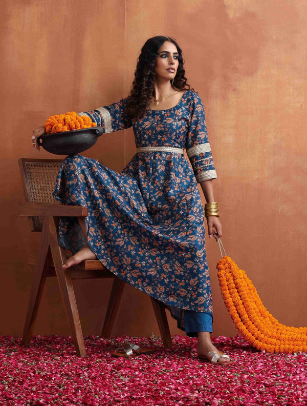 trueBrowns Blue Print Flared Anarakali Kurta Set