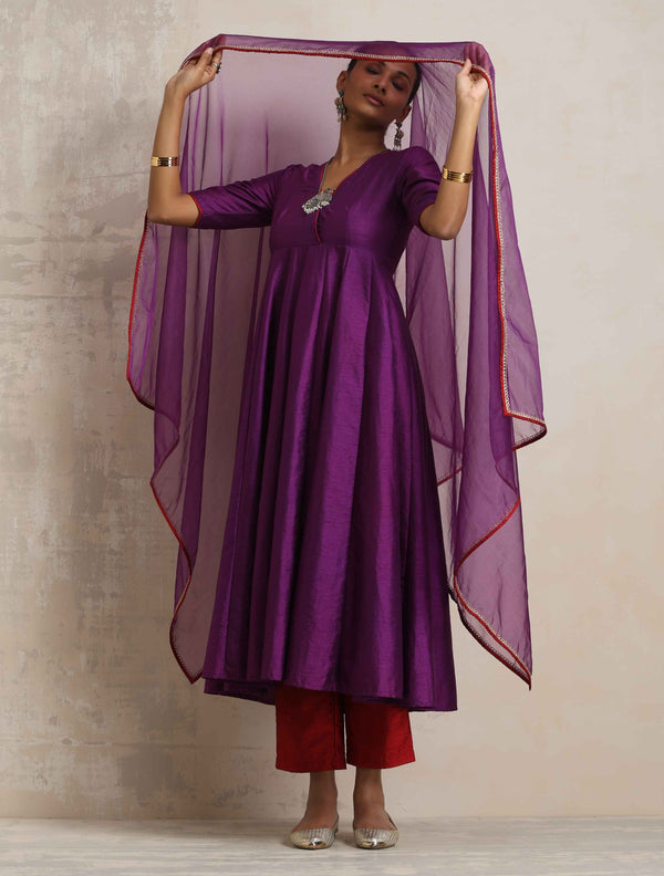 trueBrowns Purple Silk Anarkali Kurta Pant Dupatta Set