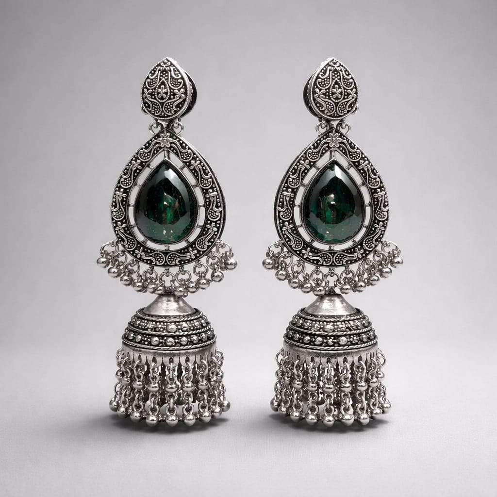 Oxidized Silver Teardrop & Jhumka Drop Earrings Emerald Green LP- 48Hr Delivery