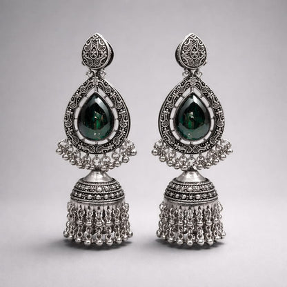 Oxidized Silver Teardrop & Jhumka Drop Earrings Emerald Green LP- 48Hr Delivery