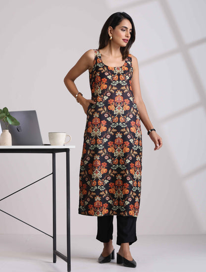 trueBrowns Black Print Straight Kurta Set