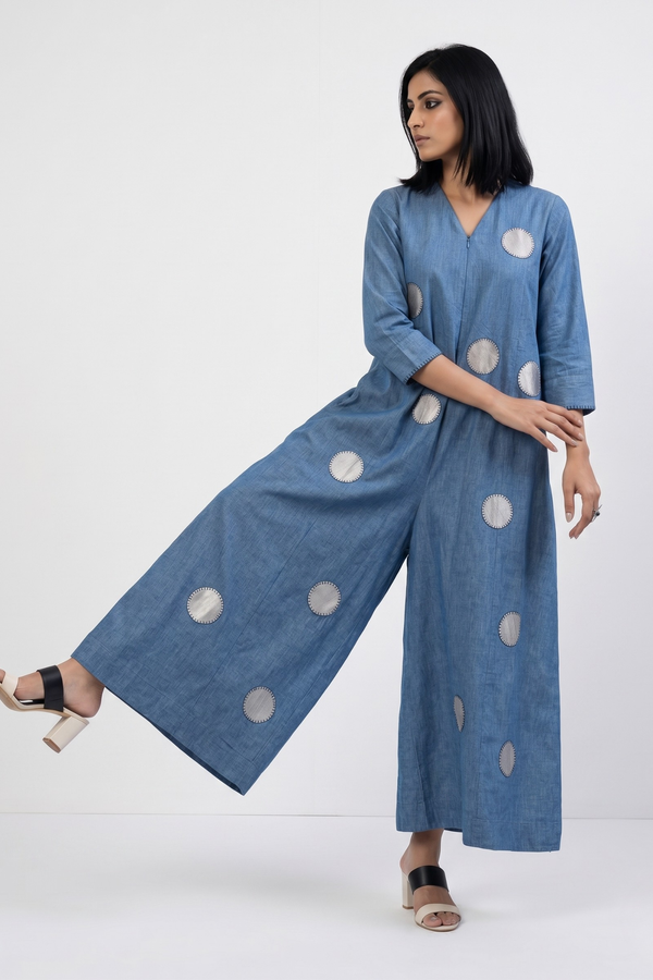 Skyloom Cotton Front Zipper Cotton Jumpsuit With Pockets & Sleeves