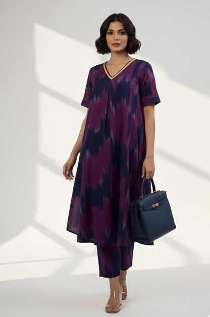 Maati Twilight Streak Modern Box Pleated Cotton Kurta & Pants Co-Ord Set