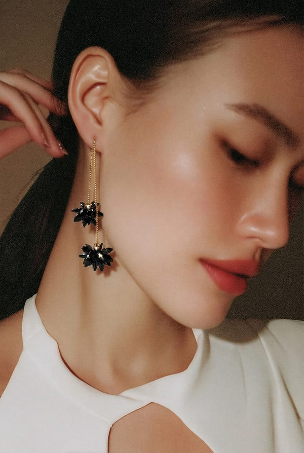 Black Crystal Floral Double Drop Earrings LP- 48Hr Delivery