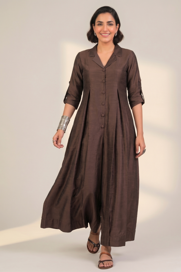 Coffee Bean Silk Slub Jumpsuit With Pockets & Collar Mc