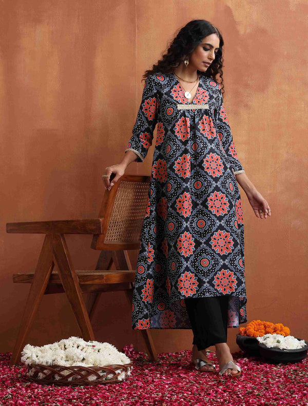 trueBrowns Black Ajrak Print Kurta Set