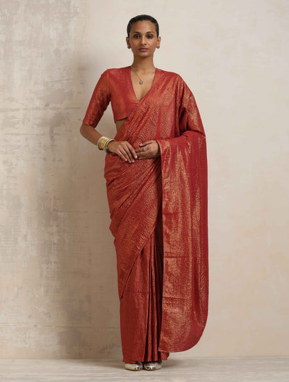 trueBrowns Maroon Gold Metallic Ready To Wear Saree