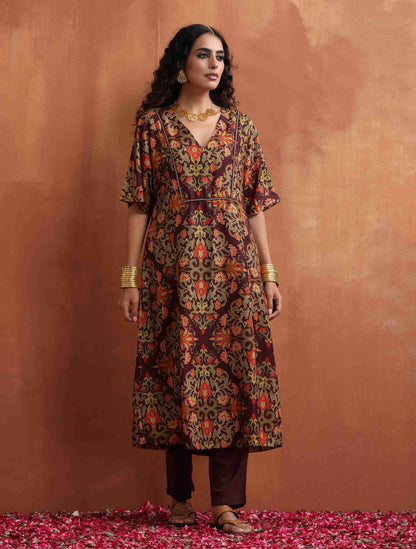 trueBrowns Brown Floral Print Kaftan Kurta Set