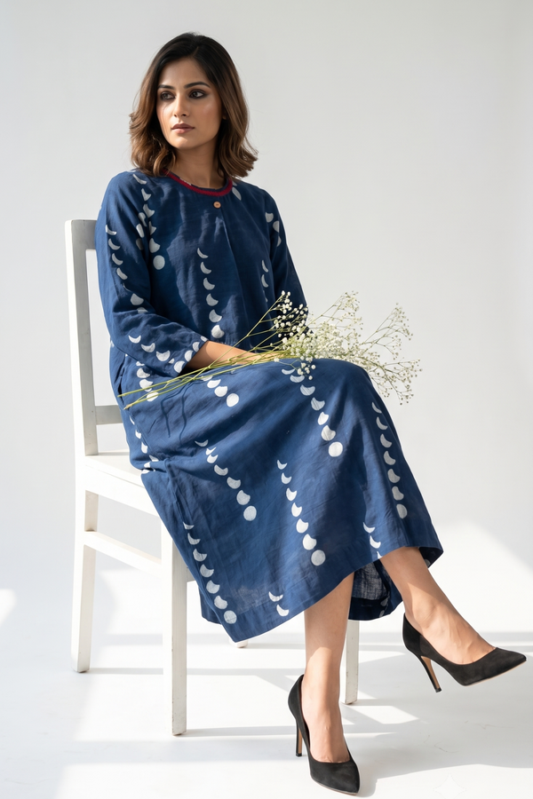 Indigo Lunar Rhythm Cotton A-Line Dress With Patch Pocket