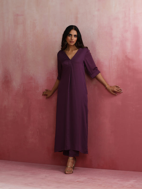 trueBrowns Purple Modal Pleated Kurta Set