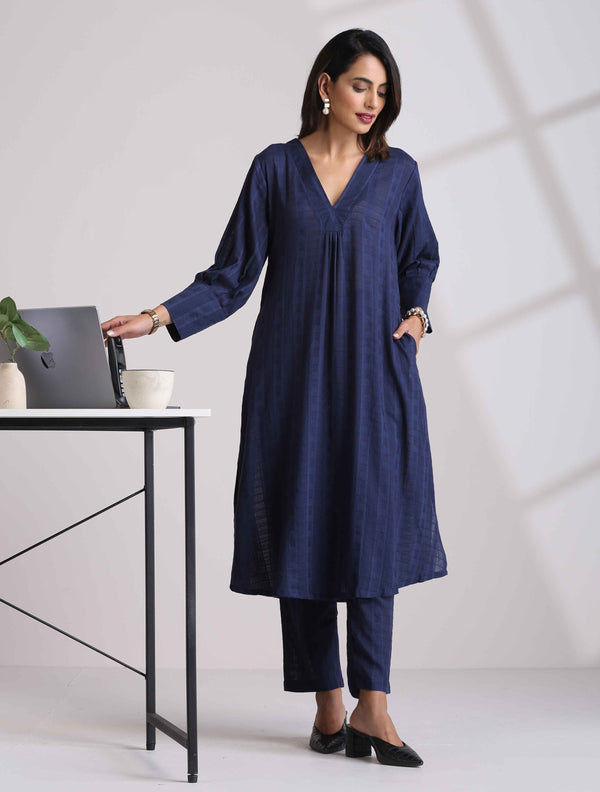 trueBrowns Blue Cotton Dobby Kurta Pant Set
