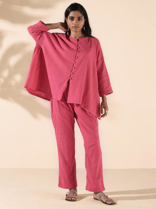 trueBrowns Pink Cotton Dobby Oversized Co-ord Set
