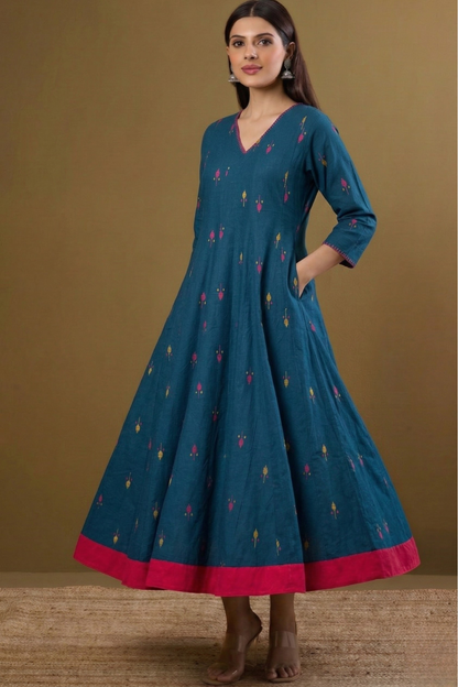 Blueberry Bloom Motifs Long Maxi Dress With Sleeves Mc