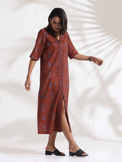 trueBrowns Brown Cotton Print pleated Dress