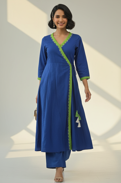 Maati  Lime Lagoon Tie-Up Cotton Angrakha Kurta