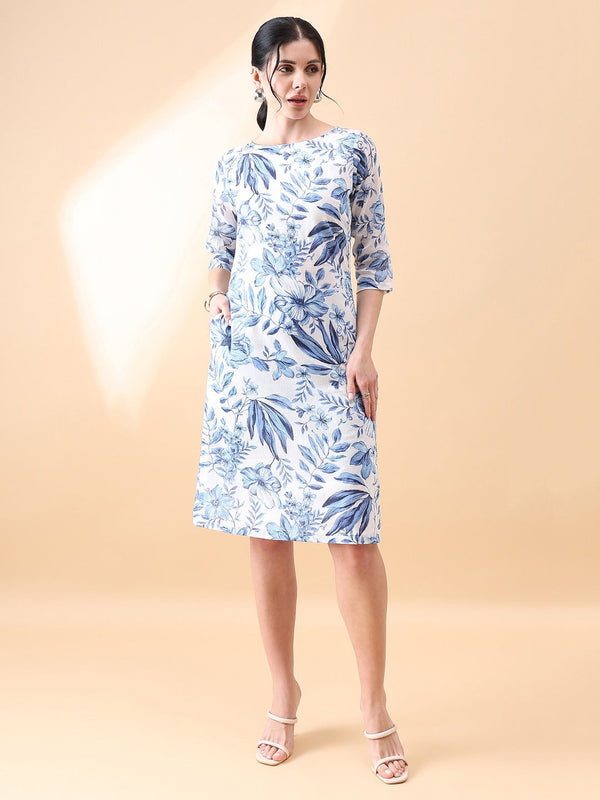 A-Line cotton floral printed dress- Blue & White