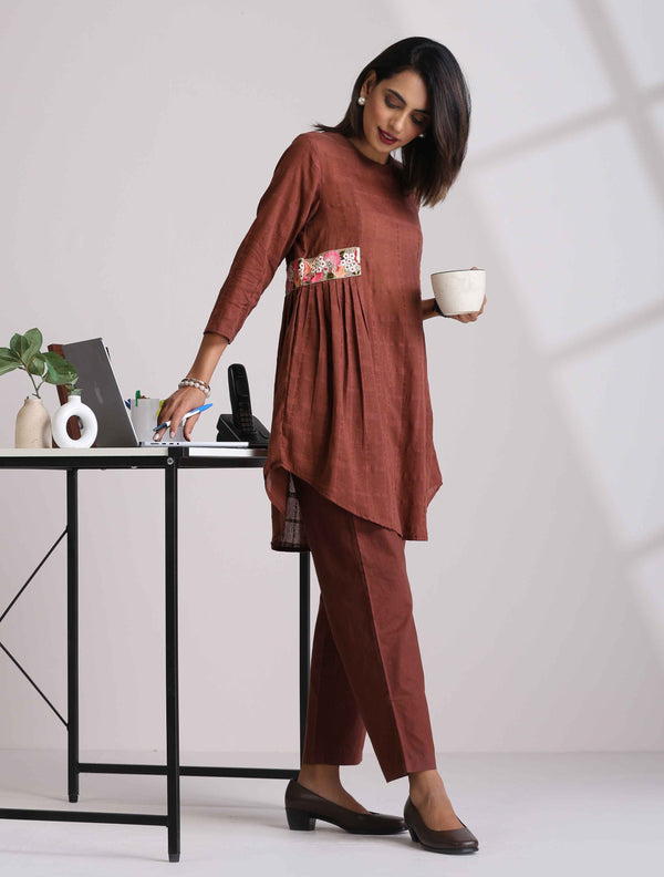 trueBrowns Brown Cotton Dobby Kurta Co-ord set