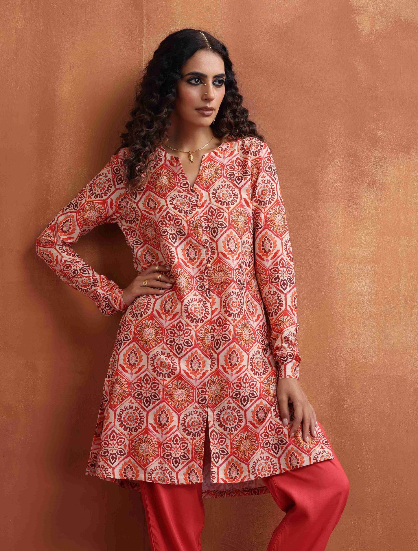 trueBrowns Beige Print Kurta Co-ord Set