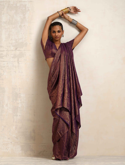 trueBrowns Purple Gold Metallic Ready To Wear Saree