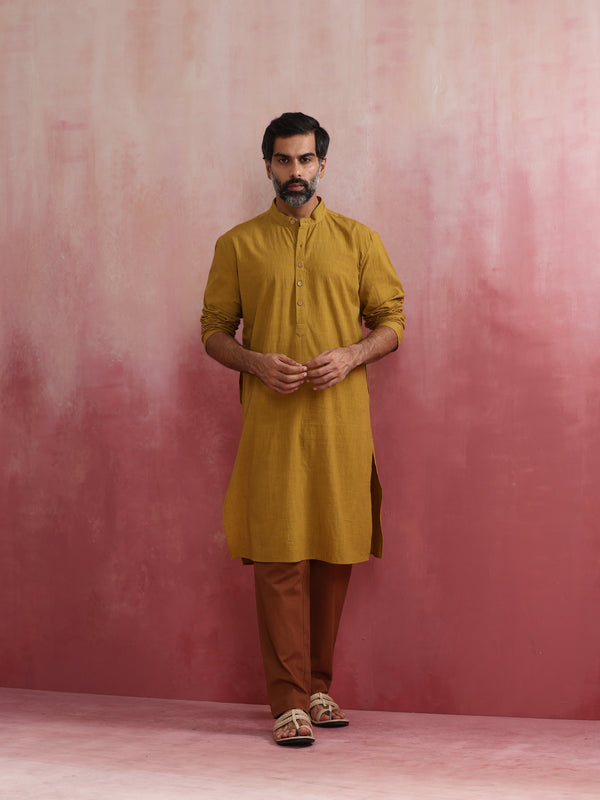 trueBrowns Men's Mustard Mandarin Collar Kurta